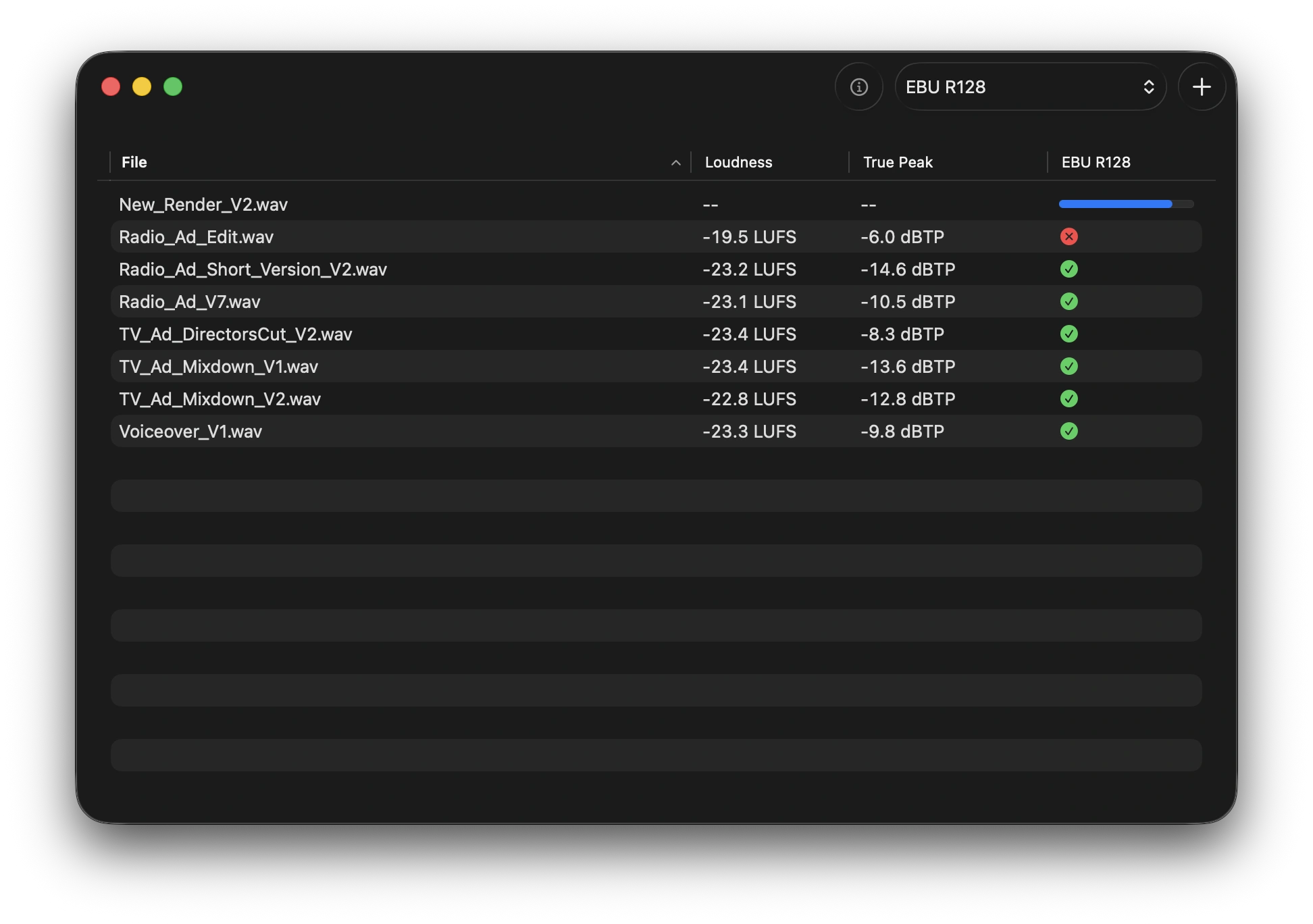 Lufsy app screenshot showing loudness analysis